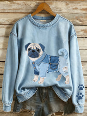 Women's Denim Patchwork Art Pug Dog Pattern Sweatshirt