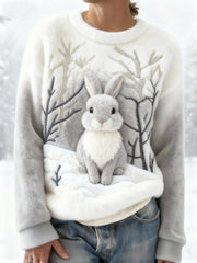 Women's Cute Bunny Print Casual Flannel Sweatshirt