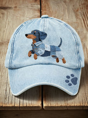 Unisex Denim Patchwork Dachshund Dog Pattern Hat