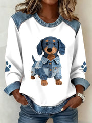 Women's Lovely Dachshund Dog Pattern Denim Patchwork Sweatshirt
