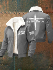 Men's Jesus The Way The Truth The Life Cross Fur Collar Zip-Up Jacket