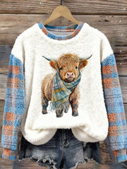 Women's Cute Highland Cow Plaid Print Casual Flannel Sweatshirt