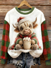 Women's Cute Highland Cow Plaid Print Casual Flannel Sweatshirt