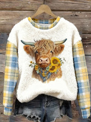 Women's Cute Highland Cow Plaid Print Casual Flannel Sweatshirt