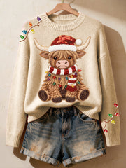 Women's Faux Yarn Christmas Highland Cow Pattern Cozy Knit Sweater