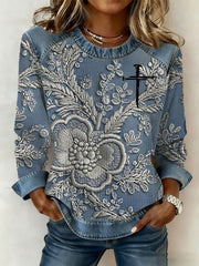 Women's Floral Cross Print Casual T-shirt