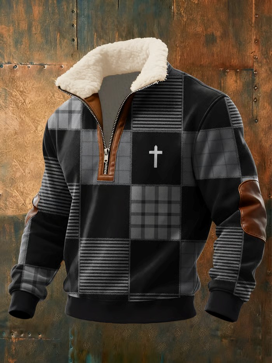 Men's Faith Print Zipper Fur Collar Long Sleeve Sweatshirt