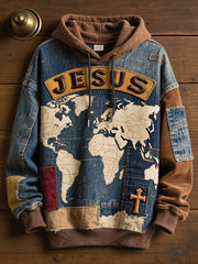 Men's Retro Casual Faith Cross Art Print Oversized Drop-Shoulder Pockets Hoodie