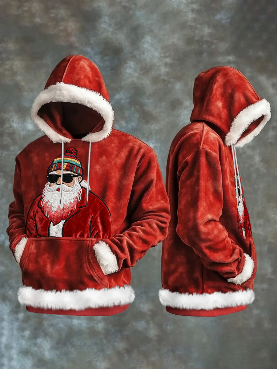 Men's Vintage Christmas Hip-Hop Santa Claus Print Casual Plush Hoodie