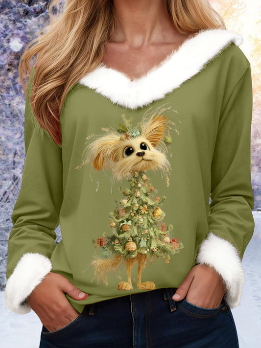 Women's Christmas Tree Animal V-Neck Tops