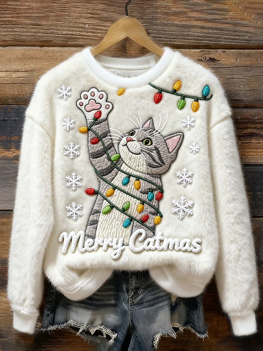 Women's Christmas Cute Cat Print Casual Plush Sweatshirt