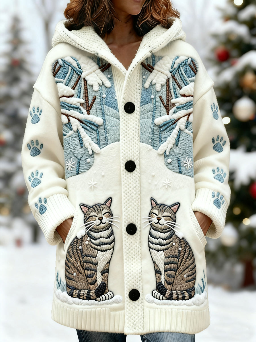 Women's Cute Cat Snow Scene Print Casual Mid-Length Hooded Cardigan