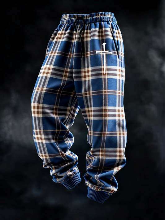 Men's Retro Plaid Faith Print Casual Knit Pants