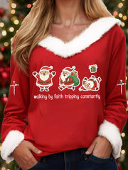 Women's Funny Christmas Santa Claus Walking By Faith Tripping Constantly Print Casual Fur-Collar Top