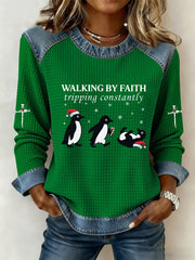 Women's Funny Christmas Walking By Faith Tripping Constantly Print Casual Waffle Hoodie