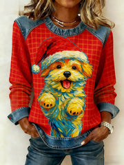 Women's Vintage Christmas Dog Denim Patchwork Sweatshirt