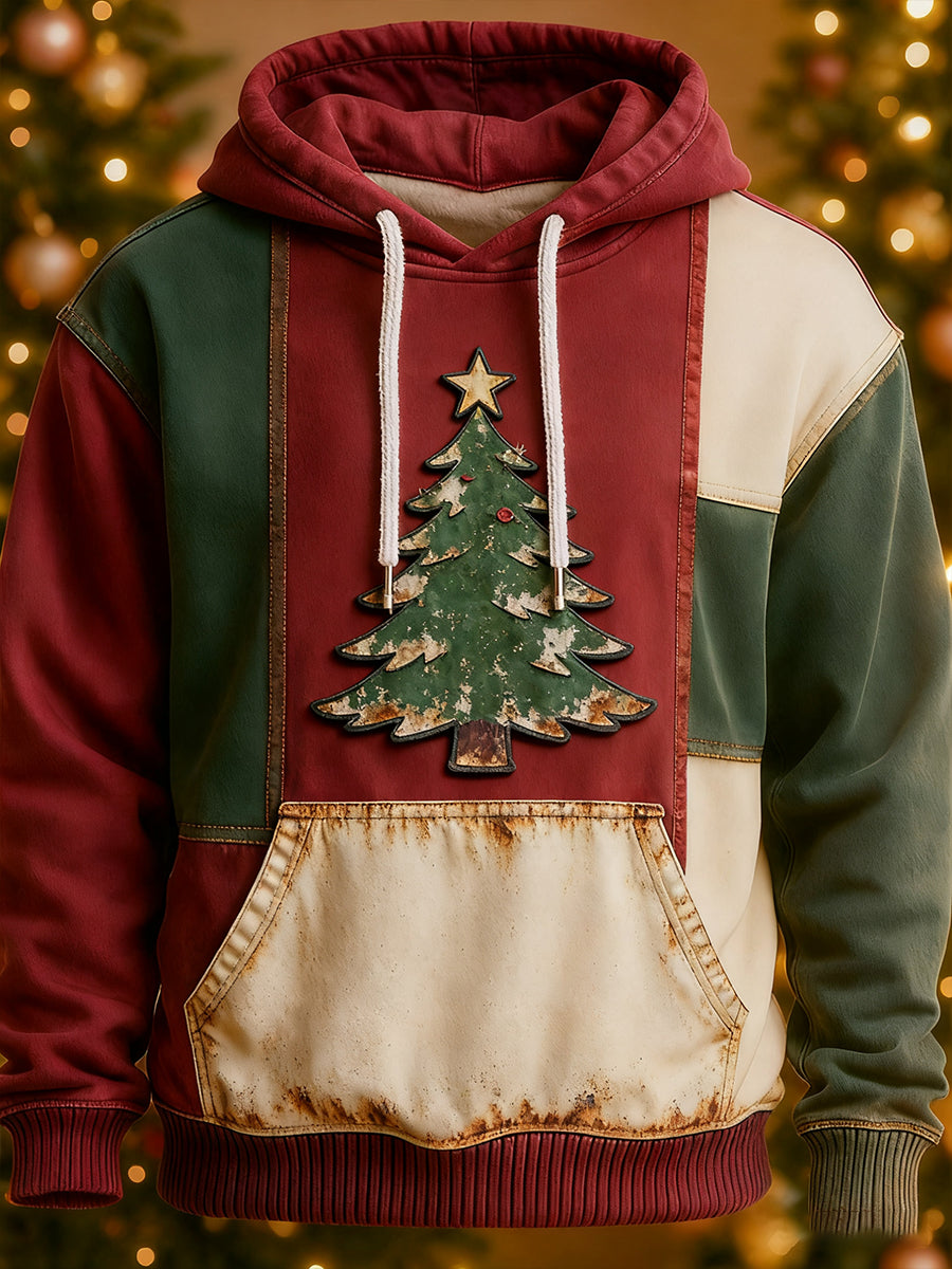Men's Christmas Tree Art Patchwork Colorblock  Hoodie with Pockets