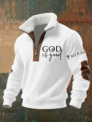 Men's God Is Good Cross Print Zipper Fur Collar Sweatshirt