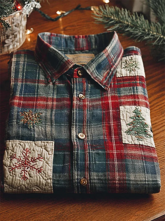 Men's Vintage Christmas Tree & Snowflakes Colorblock Plaid  Shirt
