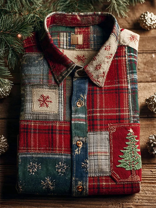 Men's Vintage Christmas Tree & Snowflakes Colorblock Plaid Shirt