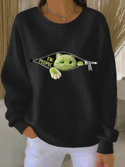 Women's EW People Green Cat Ribbed Round-Neck Sweatshirt