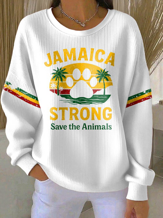 Women's Retro Jamaica Strong Save The Animals Reggae Red, Green, And Gold Print Sweatshirt