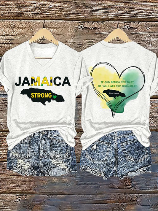 Women's V-Neck Retro Jamaica Strong If God Brings You To It, He Will Get You Through It Stay Strong Print T-Shirt