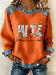 Women's WTF Whiskey Turkey Family Thanksgiving Denim Patchwork Waffle Top