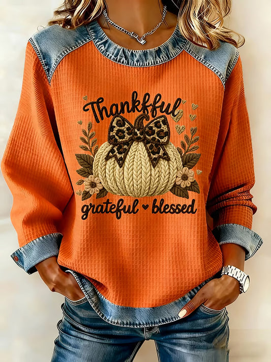 Women's Thanksgiving Pumpkin Thankful Grateful Blessed Printed Denim Patchwork Waffle Top