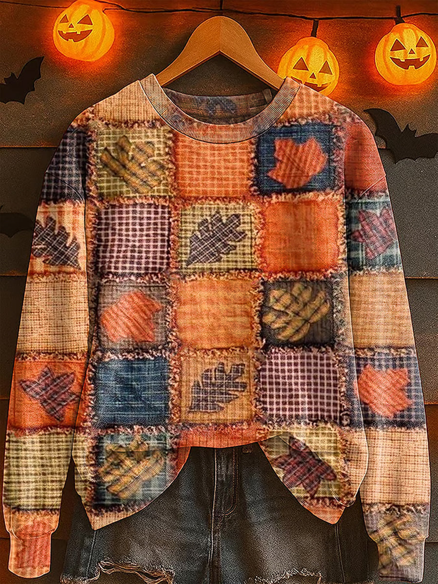 Women's Fall Patchwork Pumpkin Print Crew Neck Sweatshirt