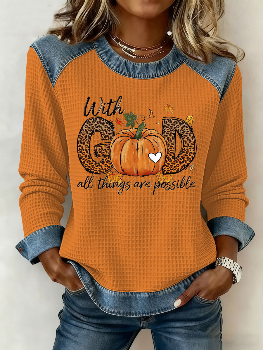 Women's With God All Things Are Possible Print Denim Patchwork Waffle Top