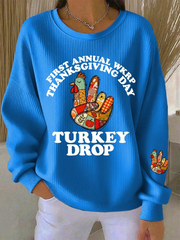 Women's Thanksgiving Turkey Print Casual Ribbed Round-Neck Sweatshirt