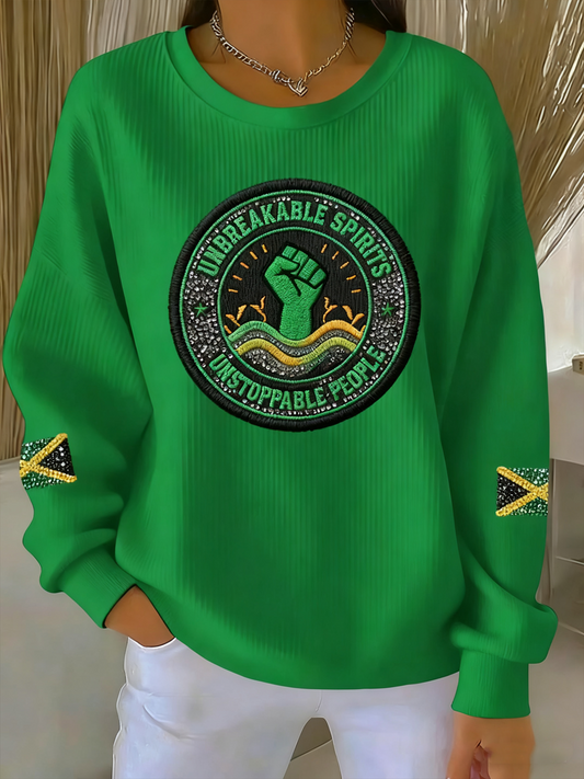Women's Retro Unstoppable Jamaica Prayer Casual Ribbed Round-Neck Sweatshirt