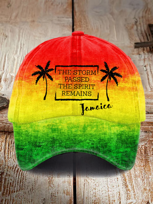 Unisex Retro Jamaica Strong Jamaica The Storm Passed The Spirit Remains Reggae Red, Green, And Gold Print Baseball Cap