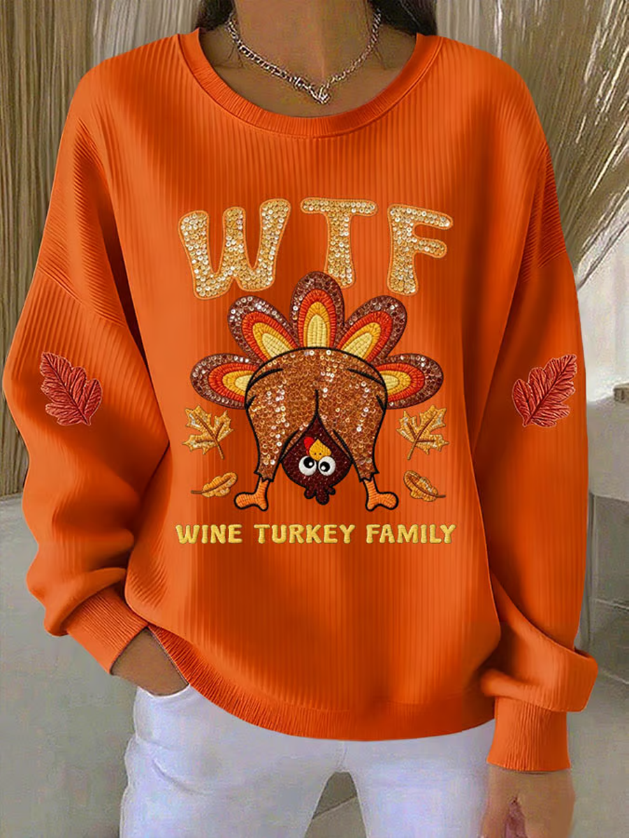 Women's Thanksgiving Turkey Print Knitted Crew Neck Long Sleeve Top
