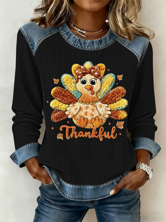 Women's Thankful Print Casual Crew Neck Top