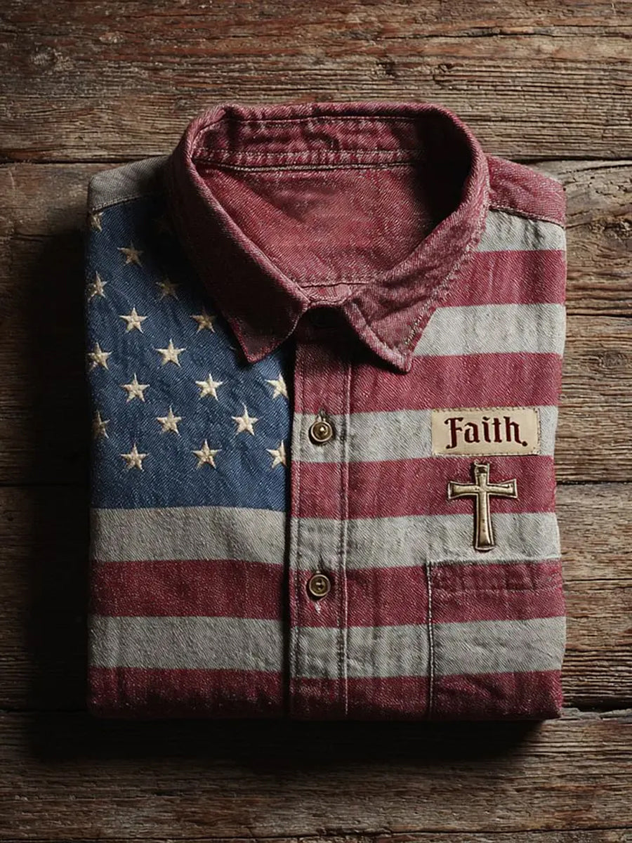 Men's Faith Cross  America Flag Printed  Shirt