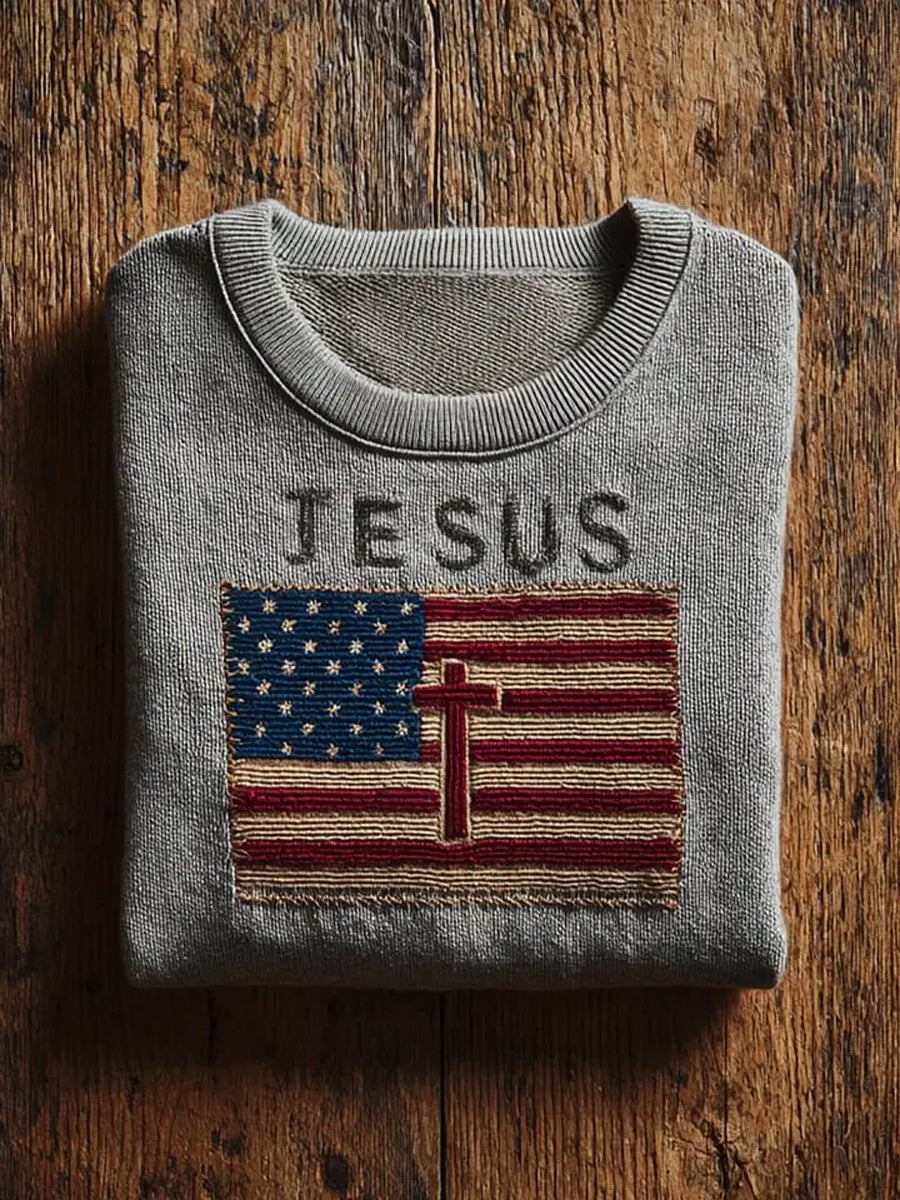 Men's Jesus Cross America Flag Printed Sweater