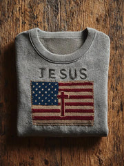 Men's Jesus Cross America Flag Printed Sweater