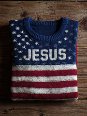 Men's Jesus America Flag Printed Sweater