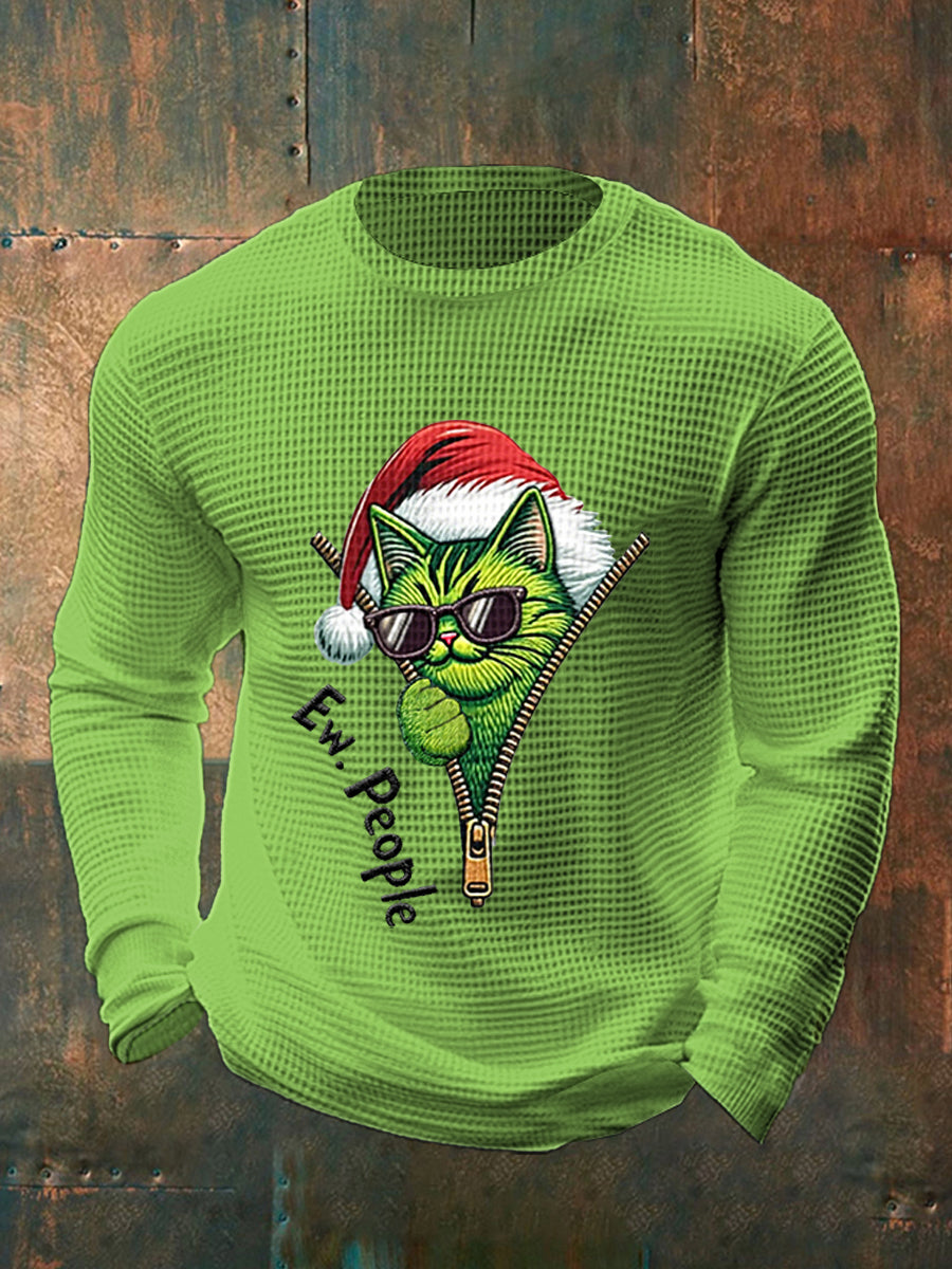 Men's Funny Christmas Grinch Cat Print Casual Waffle Long Sleeve Top