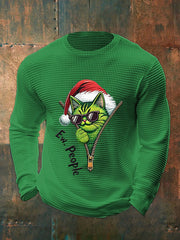 Men's Funny Christmas Grinch Cat Print Casual Waffle Long Sleeve Top