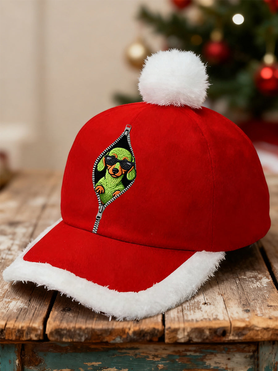 Unisex Funny Cute Christmas Grinch Dachshund Print Plush Patchwork Hat