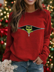 Women's Funny Christmas Grinch Cat Print Casual Sweatshirt