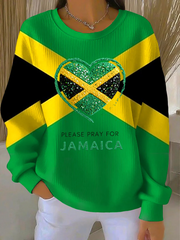Women's Retro Jamaican Flag Prayer Crewneck Ribbed Round-Neck Sweatshirt