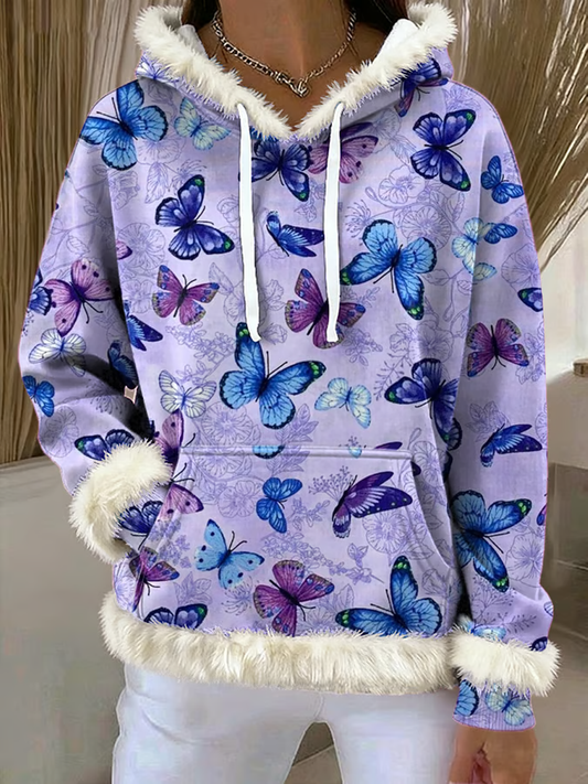 Women's Purple Art Design Printed Plush Hooded Long Sleeve Top