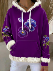 Women's Purple Art Design Printed Plush Hooded Long Sleeve Top