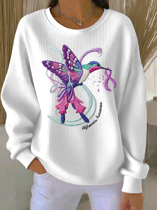Women's Casual Retro Purple Hummingbird Alzheimer's Textured Sweatshirt