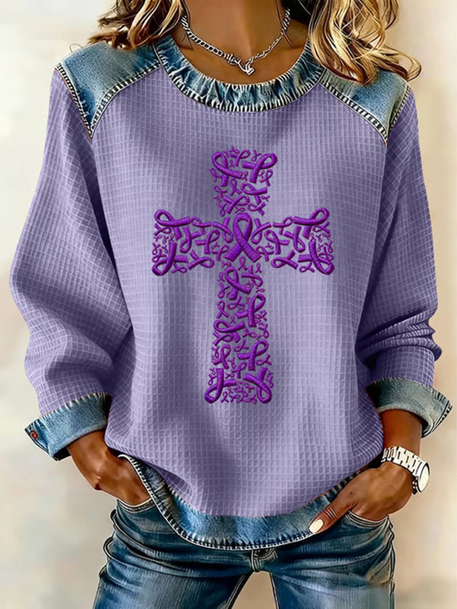 Women's Purple Ribbon Cross Print Casual Sweatshirt