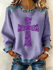 Women's Purple Ribbon Cross Print Casual Sweatshirt